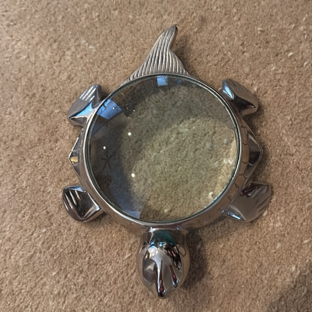Vtg Turtle Paperweight Magnifying Glass Shell Silver Plated Brass Body